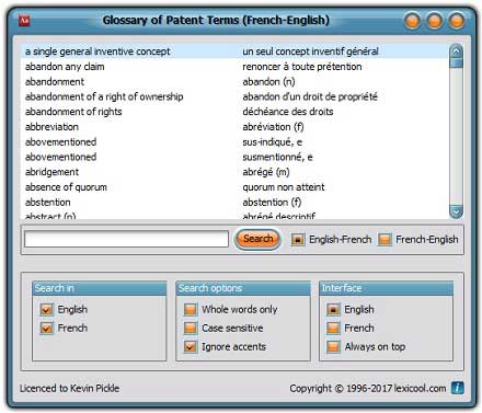 Interfaccia utente del Glossario inglese francese dei brevetti